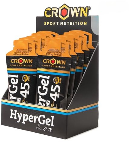 Crown Sport Nutrition HyperGel 45 | Gel énergétique avec 45 g de glucides dans un rapport de 1:0,8 + sodium (165-400 mg) | Caféiné et sans (80 mg/gel) | Texture fluide | Certifié Informed-Sport