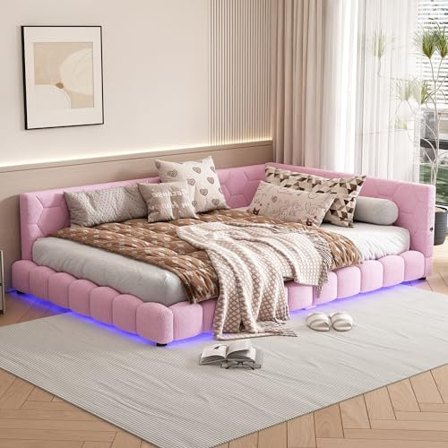 Jovify Polsterbett 140x200 mit LED-Beleuchtung und USB-Anschluss, Schlafsofa Bett mit Lattenrost, Tagesbett Bettsofa Gästebett Jugendbett Doppelbett für Wohnzimmer Schlafzimmer, ohne Matratze, Rosa