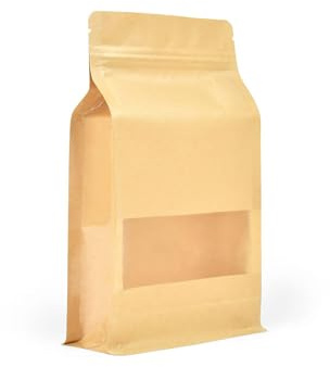 Evergreen Goods - 200 bolsas de papel kraft con fondo plano para ventana (120 x 220 mm) – Bolsas de papel reutilizables de grado alimenticio – Bolsas con cierre de cremallera y sellado térmico – Bolsa