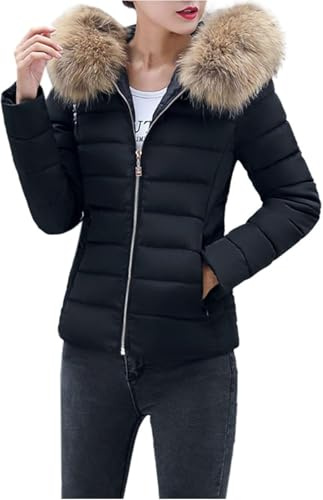 Las Mujeres Elegante Corto con Capucha Abrigo de Plumas de Invierno de Gran Cuello de Pelo Delgado cálido Parka de Viaje al Aire Libre Chaqueta Acolchada (Negro,M)
