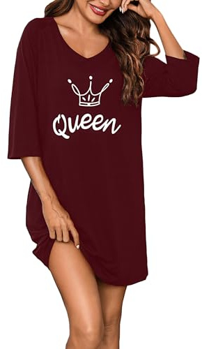 Bresdk Nuisette Femme Chemises de Nuit Coton Vêtement de Nuit à Manches Courtes Grande Taille avec Col V Ample Robe Tee Shirt de Nuit Imprimée Rouge 3XL