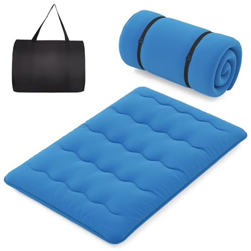 COSTWAY Matelas Futon Portable Pliable, Matelas Futon Japonais 140 x 200 cm, Housse Lavable, Matelas de Sol avec Sac de Transport, pour Le Camping, Les Voyages, d'Invités, Bleu Marine