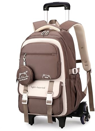 Rolling Backpack for Boys Girls Kids Backpack with Wheels Elementary School Roller Bookbag Trolley Bag Brown