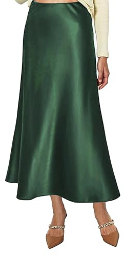 Vossmi Jupe en Soie Femme Longue Jupe Satinée Élégant Taille Haute A-Ligne Jupes avec Fermeture Éclair Décontractée Skirt Plissée en Satin Automne