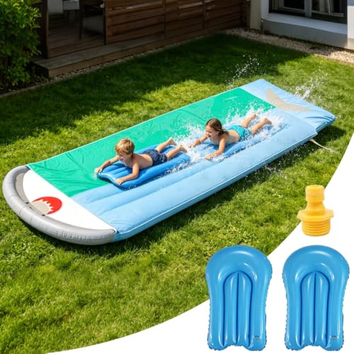 KBIBCK 480 cm Water Slide, Lawn Water Slides for Kids with 2 Racing Lanes & 2 Body Boards, Slip and Slide WaterSlide, WaterSlide Mat, Double Slip Water Slide with Sprinkler for Kids Adults (Shark)