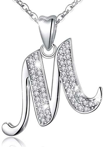 AEONSLOVE Initial Necklace Sterling Silver Letter Necklace Letter M Alphabet Personalized Pendant Jewellery with Cubic Zirconia Gifts for Women Girls