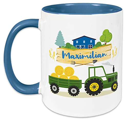 GRAZDesign Tasse Traktor personalisiert, Kindertasse mit Namen, für Junge Trinkbecher Kindergeschirr Kinder Becher Hellblau, Keramik BPA-frei, Motiv Trecker mit Anhänger