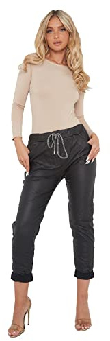 LavishFashionTown Italian P.u Magic Stretch Plain Cargo Trousers Women Joggers Wet Look Faux Leather Jeans Pattern Ladies Legging Pants