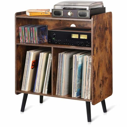 Possile Soporte para tocadiscos vintage de 3 niveles, mesa de almacenamiento de discos de vinilo de mediados de siglo con capacidad para hasta 100 álbumes, soporte giratorio de madera grande para sala