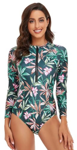 Odizli Swimming Costume Women Long Sleeve Floral Zipper Zip Up One Piece Swimsuit Ladies Muslim Full Body Burkini Modest Swimwear Rash Guard Neoprene Bathing Suits Surf Wet Wetsuit Green Pink L