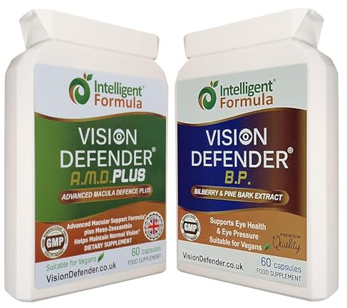 Vision Defender A.M.D. Plus & BP Pack Soin des Yeux - AREDS2 Lutéine Zéaxanthine Myrtille Écorce de Pin - Méso-Zéaxanthine Cuivre Zinc - Vitamines Yeux pour Vision - 120 Capsules - UK