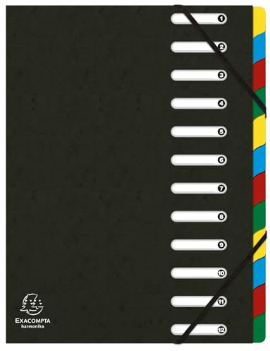 Exacompta - Rif. 55121E - Cartone da 6 raccoglitori HARMONIKA con elastici e finestre tagliate - copertina in carta lucida - retro estensibile - 12 scomparti - per A4 - dim 24,5 x 32 cm - nero