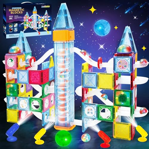 Joellfuner Magnéticos Niños, Bloques de Construcción Magnéticos 3D con Luces LED, Tema de la órbita Espacial Construcciones Magneticas, Juegos Educativos Stem para Niños Niñas de 4+Años (190Pcs)