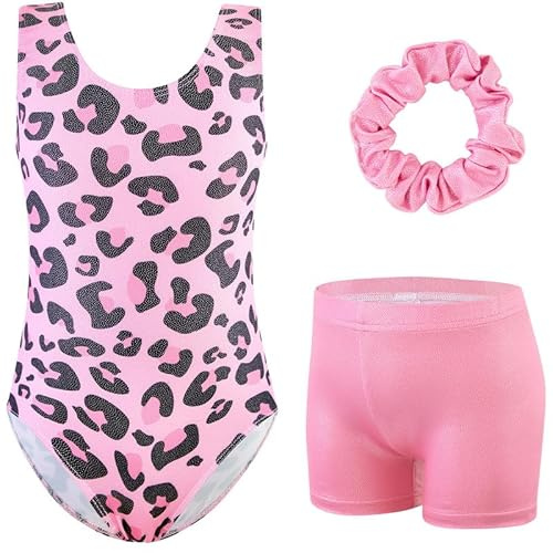 XiaoMoSha Girls Three-Piece Gymnastics Set Sleeveless Girls Leotards with Shorts and Hairband Sparkly Glitter Gradient Color Dance Ballet Unitards Gymnastics Outfits, PinkLeopard, 7-8 Years
