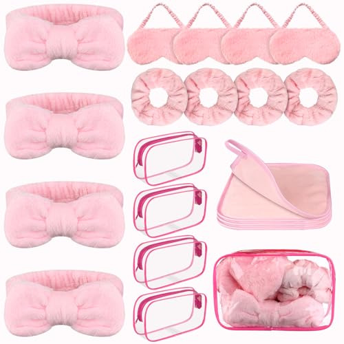 20 pièces de fournitures de spa pour filles soiree pyjama fille bandeaux à nœud masques de sommeil en peluche rose chouchous en velours lingettes démaquillantes trousses de maquillage transparentes