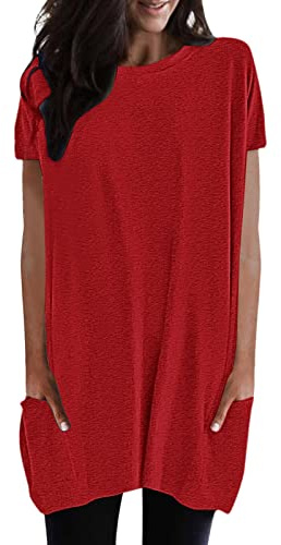 T Shirt Femme Oversize Très Large - Tee Shirt Long avec Poche Ourlet Ample à Manches Courtes Et Col Rond en Coton D'été Basique Top Élégant Tunique Haut Long pour Leggings DéContractéE Blouse