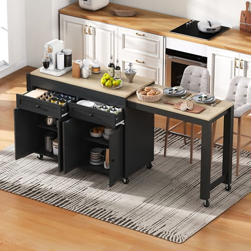 KUAKE - Isola da cucina su ruote con 2 cassetti, 4 ante, piano di lavoro allungabile, tavolo da bar allungabile con spazio di archiviazione, tavolo estensibile, per 2-6 persone, carrello da cucina
