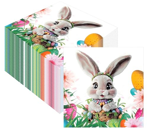 60PCS Serviettes de Pâques Jetables, Lapin Œufs Fleurs Serviette de Table, Printanières Papier Serviettes Pâques Serviette Décoratives Pour Brunch de Pâques Printemps et Fournitures de Fête de Jardin