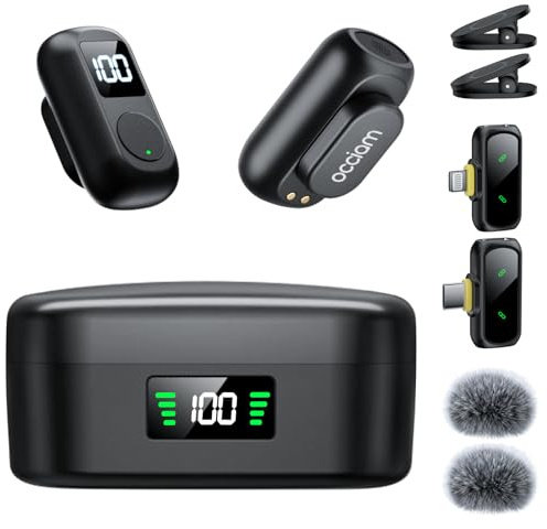 occiam Mini Lavalier Microphone for iPhone & Android Wireless Microphones Noise Reduction Magnetic Mini Lapel Mic with 54H Charging Case for YouTube Podcast Tiktok Vlogging Video Recording Black
