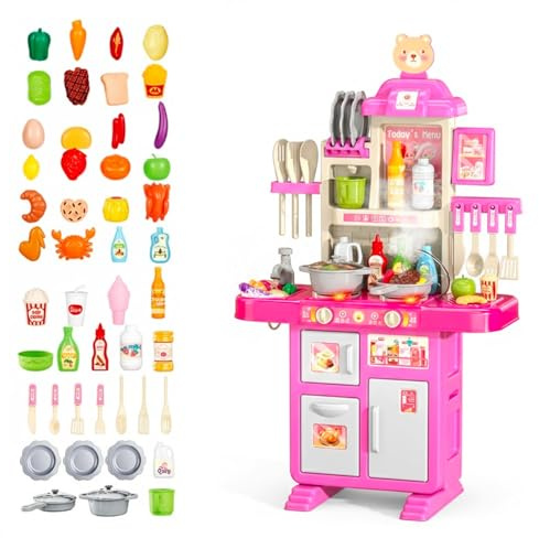 BRICOZONE Cucina Giocattolo Per Bambini Con Luci Suoni Ed Effetto Vapore Set Cucina Completo Con 69 Accessori Frigorifero Forno Rubinetto Con Riciclo Acqua 3 5 Anni (Rosa)