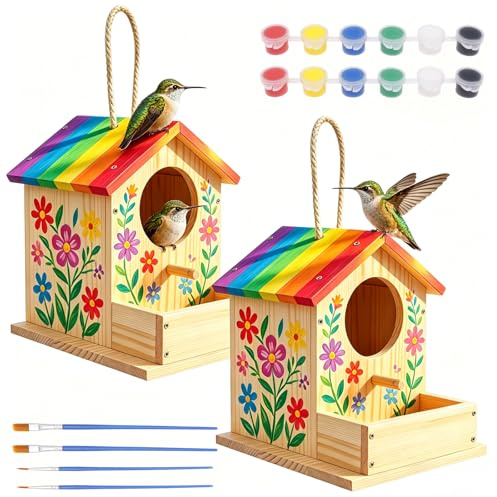 Lot de 2 nichoirs à oiseaux en bois DIY avec peintures et pinceaux, nichoir d'art et bricolage pour enfants et adultes, pour construire et peindre