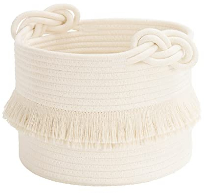 CherryNow Small Woven Rope Baby Basket with Tassel, 9.5 x 7, Off-White