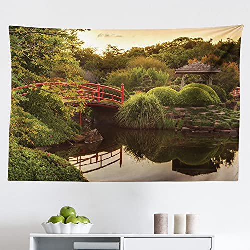 Ambesonne Japanese Tapestry, Peaceful Garden Twilight Reflections in Water Red Bridge on Pond Sunset, Fabric Wall Hanging Decor for Bedroom Living Room Dorm, 45 X 30, Green Yellow