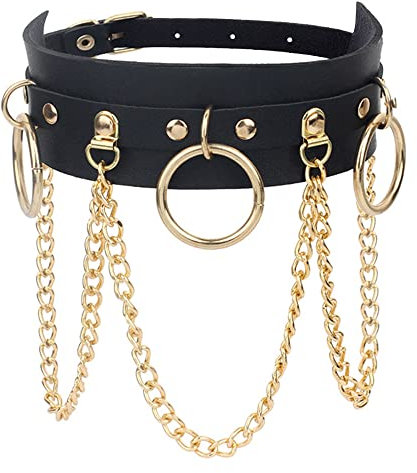 Yijunmca PU Leder Halskette O-Ring Damen Choker Punk Style Leather Halsband Nieten Collar Cosplayer Halsreif Verstellbarer Kragen Kette für Frauen Halloween Party Zubehör, Gold