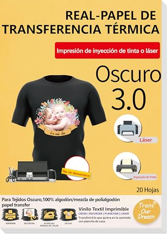 TransOurDream-Marca de confianza.Papel de Transferencia para tejido oscuro,Mejora 3.0,A4 20 Hojas Papel Transfer Para Impresora de Inyección de Tinta o Láser,Perfecto para Fiesta.ES-3-3.0-20