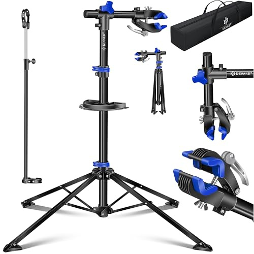 KESSER® Pied de réparation professionnel pour vélo Pied de réparation Support de vélo + sacoche Béquille de réparation pour vélo jusqu'à 50 kg Pied de réparation pour vélo avec bac à outils, bleu