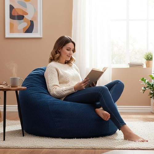 LIVEDECO - Pouf Poire Déhoussable avec Billes, Velours Côtelé Bleu Marine, Intérieur pour Salon, Chambre - BiG52