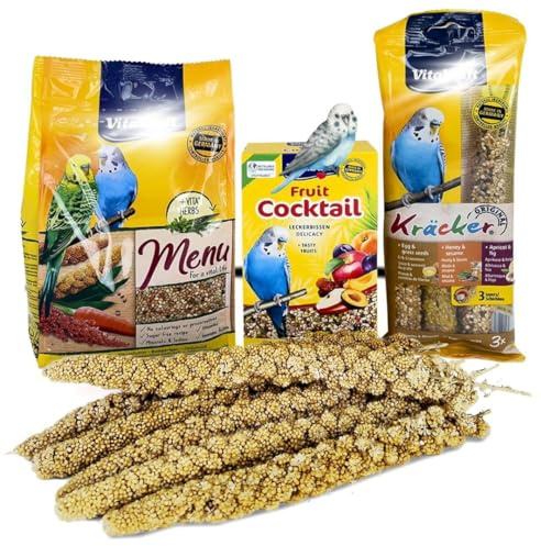 Fabylz Mart Budgie Food Set: Seed Mix, Fruit Cocktail 200g, Menu 500g, Kracker Trio Mix with Egg, Apricot, Honey 3 Sticks, Millet Spray x6