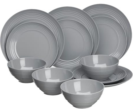 FLAMEFIELD Juego de melamina antideslizante de 12 piezas, color gris frío, vajilla elegante y sofisticada, duradera con sensación de cerámica, perfecta para cenas elegantes en interiores y exteriores