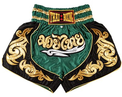 MUAY NATION Pantalones Cortos de Muay Thai para Hombres y Mujeres, Corte Ajustado, Shorts de Boxeo MMA para Entrenamiento, Ropa de Kickboxing (FR/ES, Letras, L, Regular, Regular, Verde)
