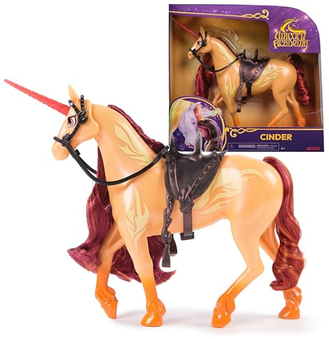 Unicorn Academy Einhorn Cinder – ca. 28 cm großes Einhorn von Valentina zur beliebten Netflix-Serie, 2 Reitzubehörteilen und abnehmbarem Zaumzeug für realistisches Rollenspiel, ab 4 Jahren