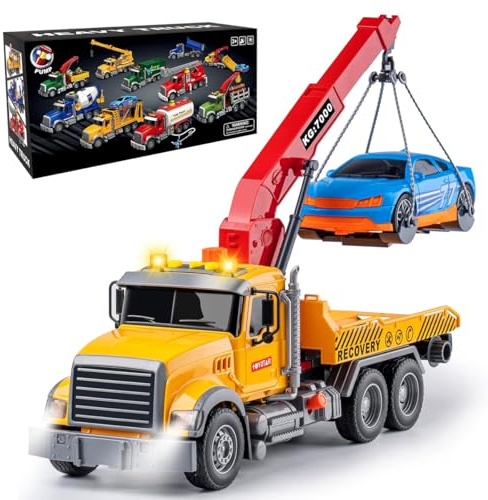 MAJCL 15 Large Tow Truck Toy,Friction Powered Transport Truck Crane Toy with Lights and Sounds,with Roadster,Kids Toys for 3 4 5 6 7 Years Old Boys Girls Gifts