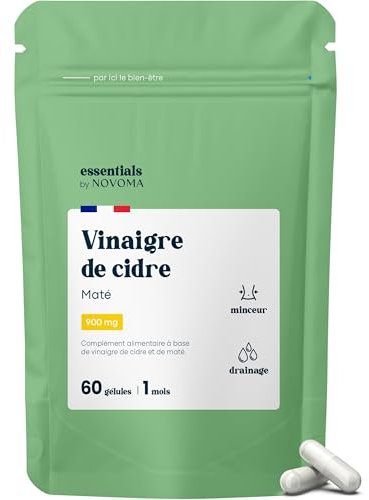 Vinaigre de Cidre avec Maté, Effet Coupe Faim et Draineur Naturel pour la Perte de Poids, Avec Yerbé Maté, Cure de 1 mois, 60 Gélules, Fabriqué en France, Essentials by Novoma