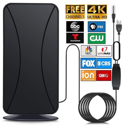 Antenne DVB-T/DVB-T2 HD 4K, DVB-T & DVB-T2 avec amplificateur, portée de 600 km, antenne HDTV numérique, convient pour 4K 1080p et tous les appareils TV, antenne d'intérieur et d'extérieur