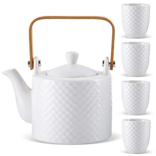 Teiera giapponese in ceramica set bianco, teiera cinese con colino 900 ml con 4 tazze da tè da 180 ml per tè sfuso, servizio da tè moderno in ceramica e bambù per tè Oolong