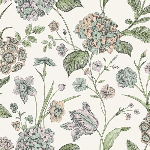 Rasch Hortensia blommigt tema handritad effekt tapet för sovrum, hallar, matsalar kräm/multi 260162