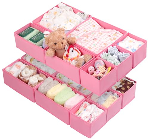 ORLISA Drawer Organiser for MALM Drawers, 14 Pack Clothes Drawer Organisers, Foldable Fabric Dividers for Underwear Socks Bras, 3 Sizes Storage Boxes, Pink for Bedroom and Nursery
