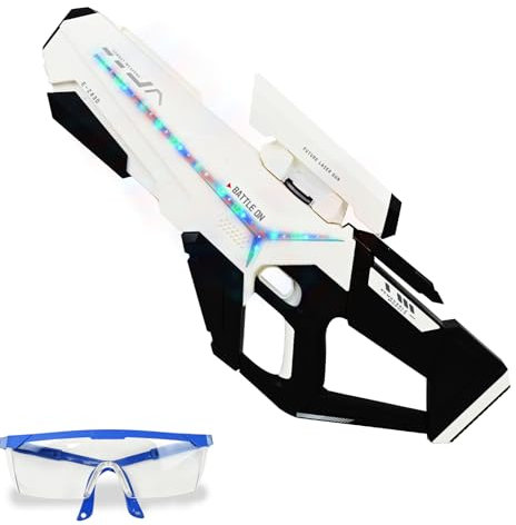 Joellfuner Pistola de Agua Eléctrico, Pistola de Agua Potente con Luces de Color y Gafas Protectoras, Pistola de Aguas Automatica-Manual, Juguetes de Piscina Regalos Veranos para Niños (Blanco)