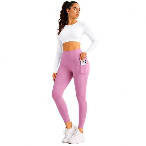 ZENYA Women’s High Waisted Leggings with Pockets – Ultra-Soft Yoga Pants for Workout & Running (S, Pink)