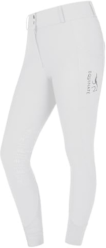 Equinate Pantaloni da equitazione da donna Romy, eleganti pantaloni da equitazione con inserti al ginocchio, tasche per cellulare e applicazioni glitterate, traspiranti, elastici, antiscivolo, bianco