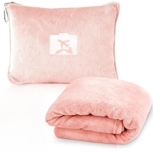Weiche & Warme Reisedecke für Flugzeug & Auto, Reisedecke Kissen 2 in 1, 152 x 127 cm Weiche Flugzeugdecke, Ultraleichte Kuscheldecke Kompakte Decke für Flugzeug, Auto, Büro, Zuhause (Hautrosa)