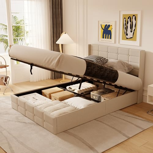 Blishom Letto contenitore idraulico 140 x 200CM, letto matrimoniale imbottito con testiera e contenitore, giroletto con rete a doghe, letto per ragazzi, senza materasso,Beige