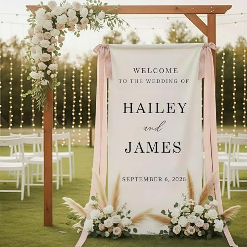 MEIEG Bannière De Signe De Mariage en Lin Personnalisée, Panneau De Bienvenue en Tissu Personnalisé pour Cérémonie Ou Réception, Décor De Mariage Moderne Et Élégant(50X150 cm)