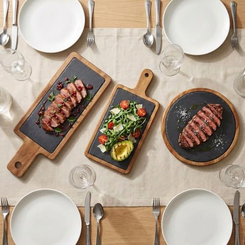 Santa Clara | Set de 3 Bandejas de Pizarra con Base y Mango de Madera Acacia (30x12x1,cm, 40x12x1cm, 23x1,5 cm), Fuentes Servir para Aperitivos, Quesos y Tapas, Bandejas Presentación para Cocina