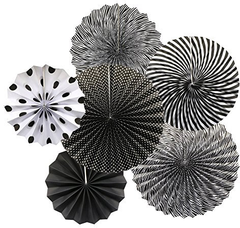 Party Hanging Paper Fans Set, Black Round Pattern Paper Garlands Decoration for Birthday Wedding Graduation Events Accessories, Set of 6