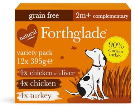 Forthglade Complementary Wet Dog Food (12 x 395g Trays) - Grain Free & Hypoallergenic Dog Food, Just Chicken, Chicken with Liver & Turkey, 90% Protein Stomach Sensitive with Natural Ingredients